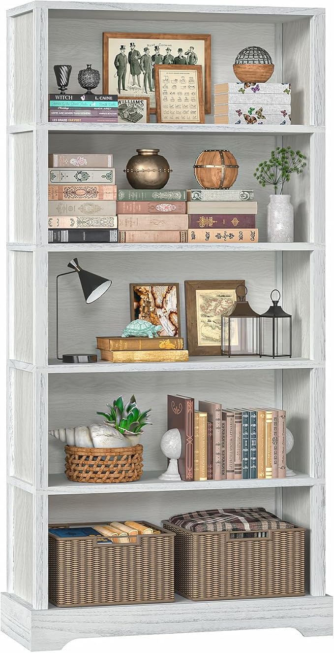 TVU 5-Shelf Wood Bookcase, 65 Inch Tall Bookshelf with Storage, Floor Standing Display Book Shelf,for Living Room Bedroom Study Office,Antique White