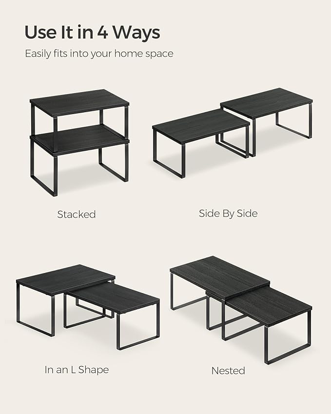 SONGMICS Cabinet Organizer Shelf, Set of 2 Kitchen Counter Shelves, Kitchen Storage, Spice Rack, Stackable, Expandable, Metal and Engineered Wood, Ink Black and Charcoal Black UKCS02B01