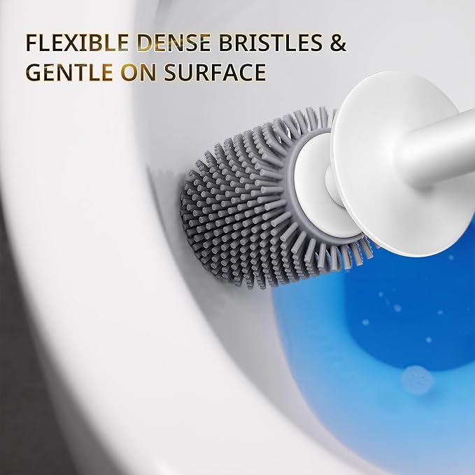 Silicone Toilet Brush and Holder Set with L-Shaped Brush Head, Wall Mounted Toilet Brush Set with Long Non-Slip Handles, Compact Toilet Bowl Cleaner Brush Suitable for RV Trailers & Bathroom (1 Pack)