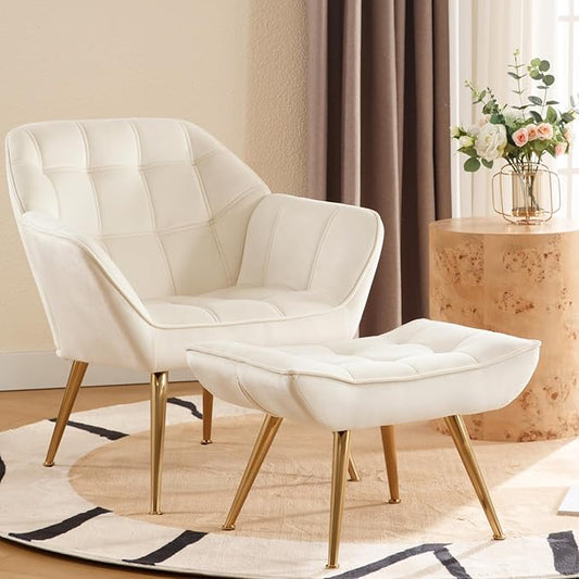 Beige Velvet Accent Chair with Ottoman ,Modern Reading Chair with Ottoman Set, Comfy Fuzzy Armchair Living Room Chair Lounge Chair with Metal Legs for Small Spaces Bedroom Apartment