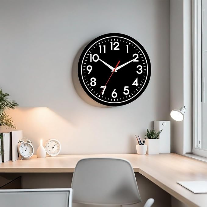 Wall Clock Black Battery Operated 10 Inch Simpel Silent Non Ticking Analog Decorative for Kitchen Bathroom Bedroom Office Living Room School Classroom(Black)