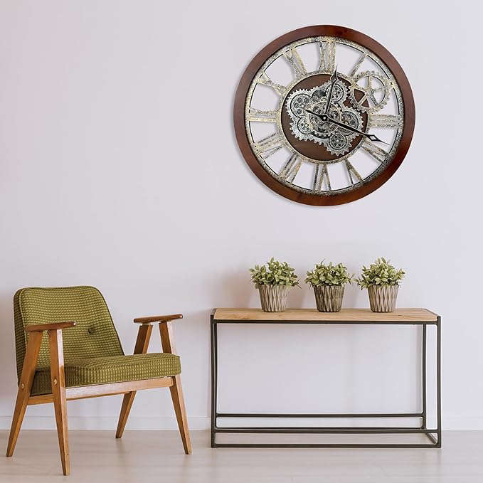 HOIBAI Large Wall Clock, 24 Inch Wall Clocks for Living Room Decor Farmhouse Vintage Rustic Kitchen Wall Decor Vintage Roman Big Oversized Wall Clock for Home Bedroom House Office, Moving Gears Clock