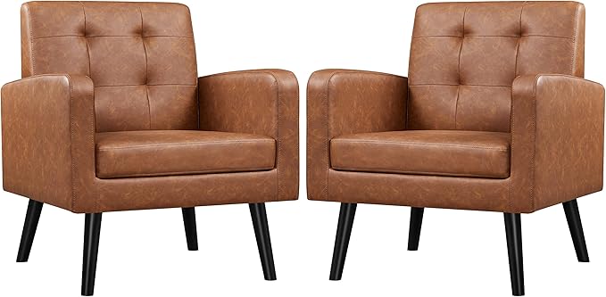 Yaheetech Mid-Century Accent Chairs, PU Leather Modern Upholstered Living Room Chair, Cozy Armchair Button Tufted Back and Wood Legs for Bedroom/Office/Cafe, Retro Brown 2 PCS