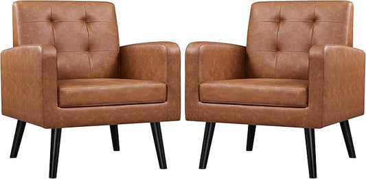 Yaheetech Mid-Century Accent Chairs, PU Leather Modern Upholstered Living Room Chair, Cozy Armchair Button Tufted Back and Wood Legs for Bedroom/Office/Cafe, Retro Brown 2 PCS