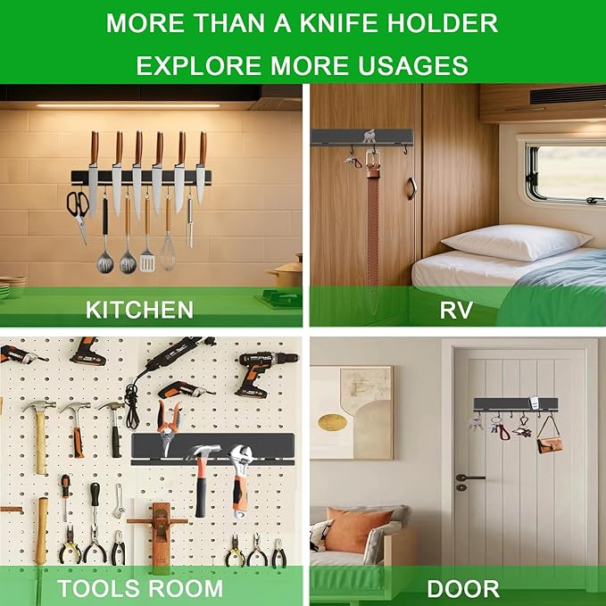 YIIYIIN 12 Inch Magnetic Knife Holder for Wall No Drill,Adhesive Knife Magnetic Strip with 6 Hooks,Kitchen Double Rods Stainless Steel Magnetic Utensil Holder(Black)