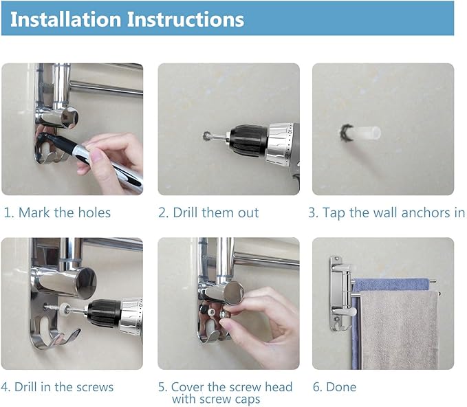 Bathroom Towel Holder JSVER 2 Arms SUS304 Stainless Steel Wall Mounted Towel Bar, Swivel Towel Racks for Bathroom, Kitchen