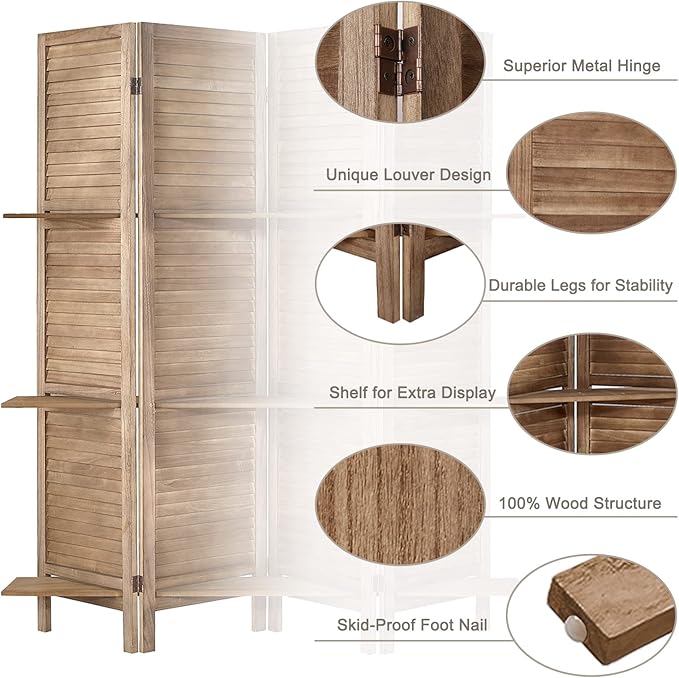Room Divider with Shelves, Privacy Screen, Room Dividers and Folding Privacy Screens, 6 Panel Wood Temporary Wall Partition Separation Separator, Brown