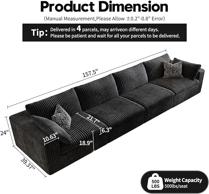 157.5" Cloud Couch Modular Sectional Sofa for Living Room,Modern Sofa with Deep Seat,4 Seater Boneless Couch,Comfy Upholstered Corduroy Couches for Apartment, Studio, Office,Bedroom,Black