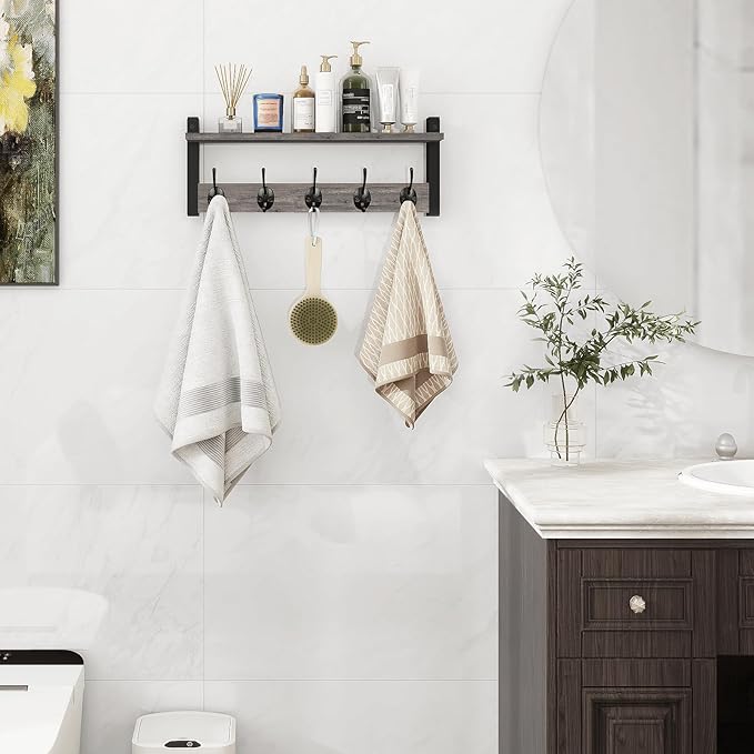 Homode Wall Hooks with Shelf, Coat Rack Wall Mount, Entryway Shelf with Hooks for Clothes, Backpack, Key, Purse - Rustic Grey