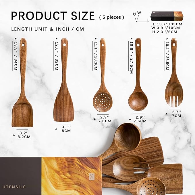 Wooden Spoons for Cooking, Nonstick Cooking Utensil Set with 5 Piece Acacia Wooden Spatulas and Spoons for Cooking, Terrific for Everyday Kitchen Tasks