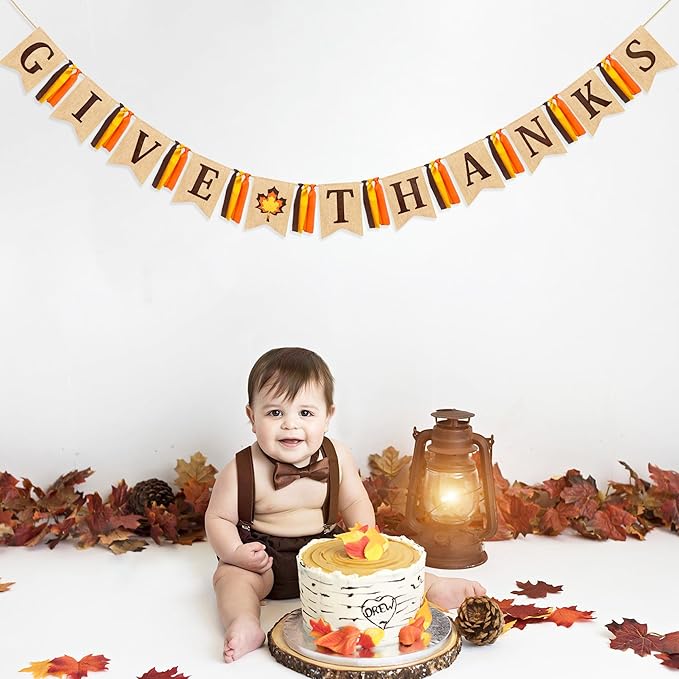 Thanksgiving Maple Leaf Burlap Pennant Banner Flag Felt Give Thanks Sign and Maple Leaf Pattern with Fall Color Ribbon for Thanksgiving Day Fall Autumn Harvest Birthday Party Decorations Supplies