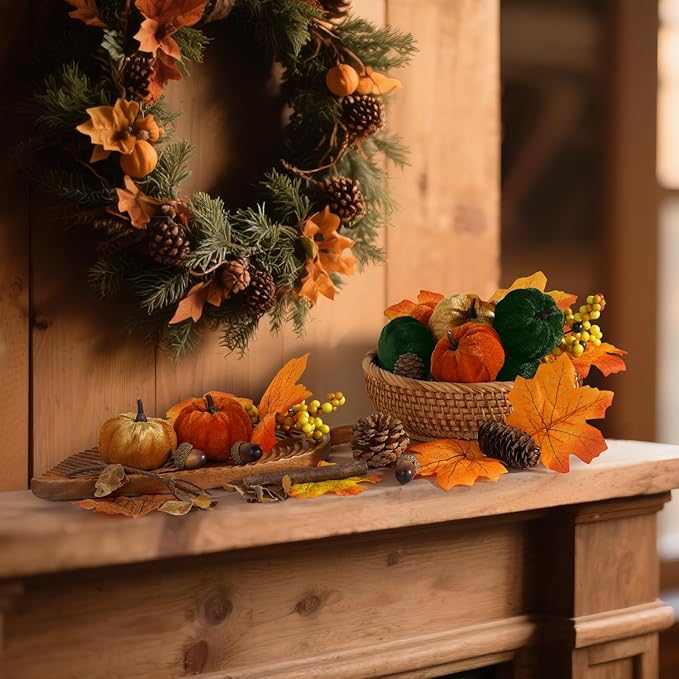 Artmag Fabric Pumpkins Set Decor, 25 PCS Fall Artificial Maple Leaves, Harvest Pumpkins, Acorns, Pine Cones and Orange Berry Stems Decorations for Fall Thanksgiving Table Home