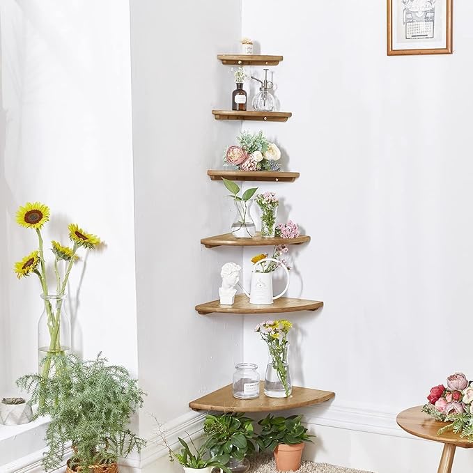 Corner Shelves, Floating Corner Shelf, Set of 2 Solid Oak Wood Wall Shelves, Round End Wall Mount with Wire Hole Shelving for Small Plant for Bedroom Kitchen, Living Room (Oak, 7.1in 2P)