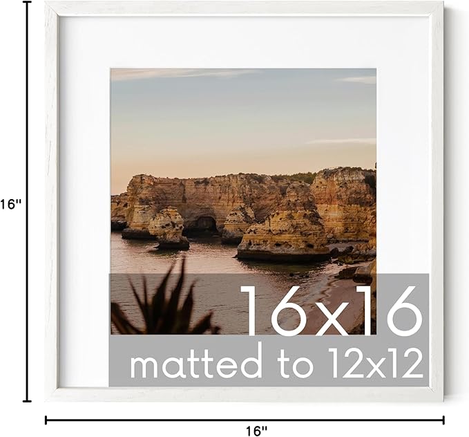 HAUS AND HUES Solid Oak 16”x16” Picture Frame Matted to 12”x12” - 16X16 Square Picture Frame with Mat for 12x12 Picture, White Wood Frame, 16 x 16 Frame with Mat for 12x12 Photo,16x16 Frame with Mat