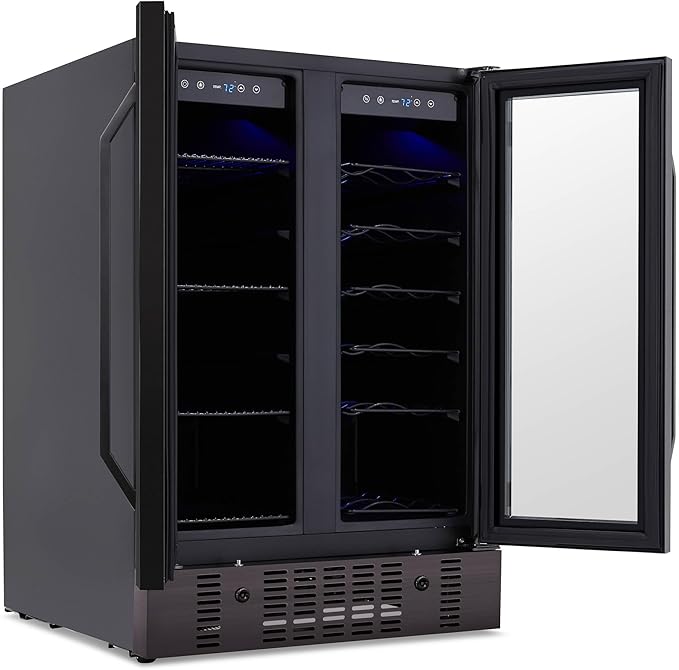 NewAir 24" Dual Zone Wine and Beverage Refrigerator, 18 Bottle & 58 Can, French Door Built-In Fridge with Lock, Black Stainless Steel Cooler, Digital Thermostat, Adjustable Shelves