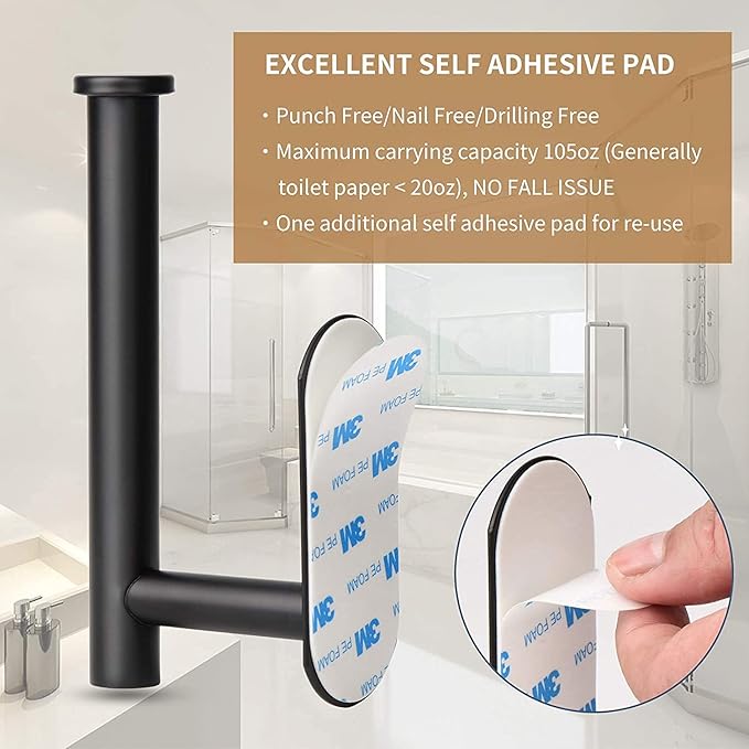 Toilet Paper Holder,Matt Black, Wall Mount,Upgraded Adhesive Toilet Paper Roll Holder,no Drilling,Bathroom/Rv/Washroom, SUS 304 Stainless Steel, Rustproof (Black, 2 Pieces)