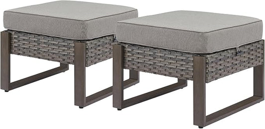 Outdoor Ottoman Wicker Patio Footrest - 2 Piece Wicker Footrest Footstools Set with Sturdy Frame,All-Weather PE Wicker, Thick Cushions for Deck Porch Garden(Mixed Grey/Grey)