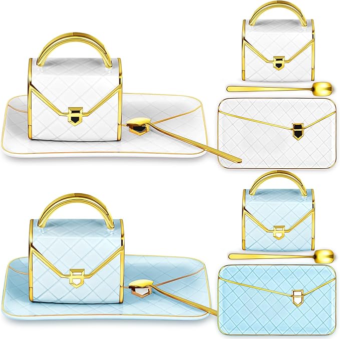 Zubebe 2 Sets Coffee Mug Elegant Handbag Shaped Cup Modern Ceramic Purse Mug with Spoon and Saucer, 10oz Cute Creative Tea Cup for Office Home Woman Girls Gift (White,Blue)