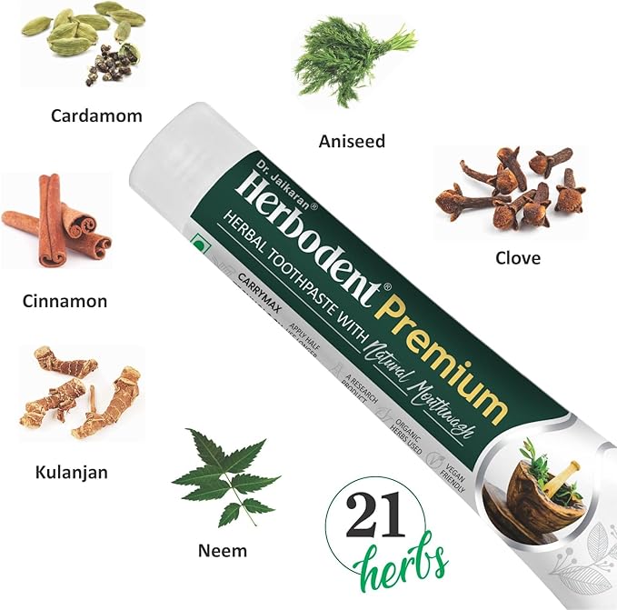 Herbodent® Premium Toothpaste - 5.82 Oz Pack of 2 | 21 Herbs for Strong Teeth & Healthy Gums- Neem, Clove, Cinnamon, Cardamom with Natural Mouthwash-No Paraben, No Fluoride, No Saccharin, No Triclosan