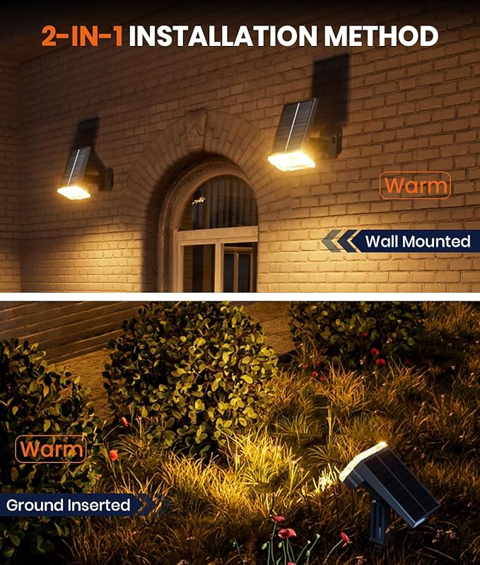 Solar Powered Spotlights Outdoor 1 Pack,IP67 Waterproof Wall&Ground Solar Lights Outside,3 Colors+3 Modes,Dusk to Dawn Flood Lights for Driveway/Garden/Pathway/Tree/Patio/Yard Decor Landscape Lighting