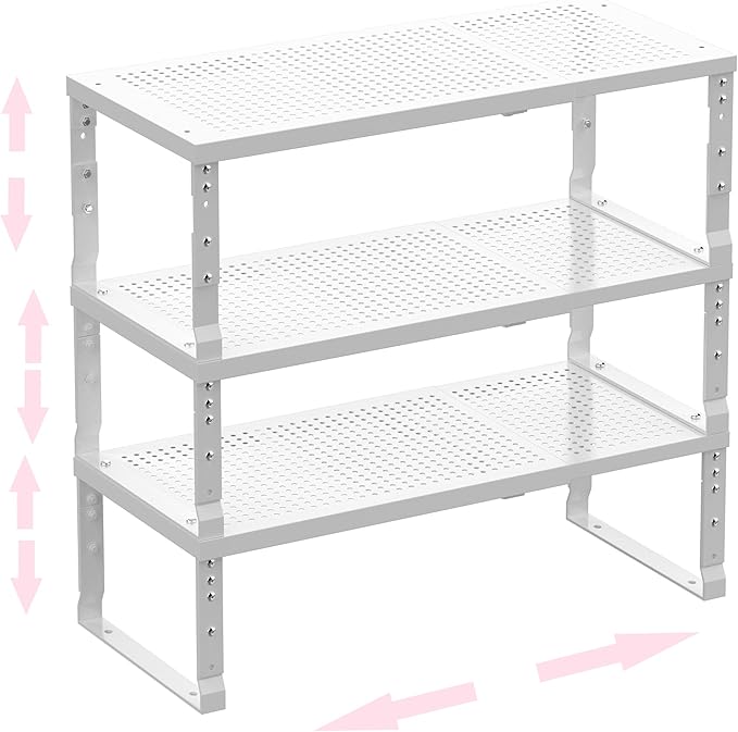 Metal Stackable Expandable Storage Shelf - Multi-Functional Home Storage Shelf, Suitable for Kitchen, Cabinet,Bathroom, Office, Garage, etc.(3PACKS/White/Large