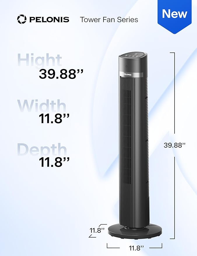PELONIS 40 inch Bladeless Tower Fan for Bedroom, Standing Fan with Remote Control, 26ft/s, 90Β° Oscillation, 3 Speed Settings, 27 Db, 3 Modes, 15-Hour Timer, LED Display, Fan that Blows Cold Air, Grey