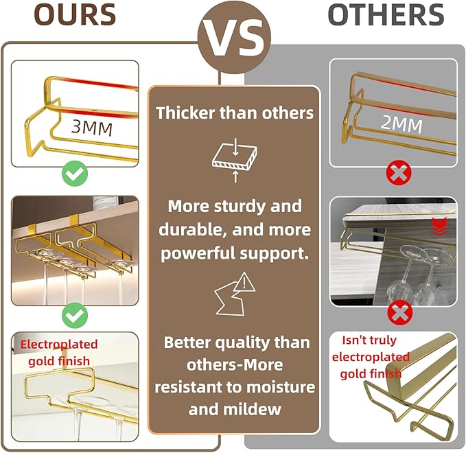 LINFIDITE Gold Under Cabinet Wine Glass Holder, 2 Pack, Space Saving, Easy Installation, Anti-Skid, Compact Design, Sturdy Materials, Affordable Gift