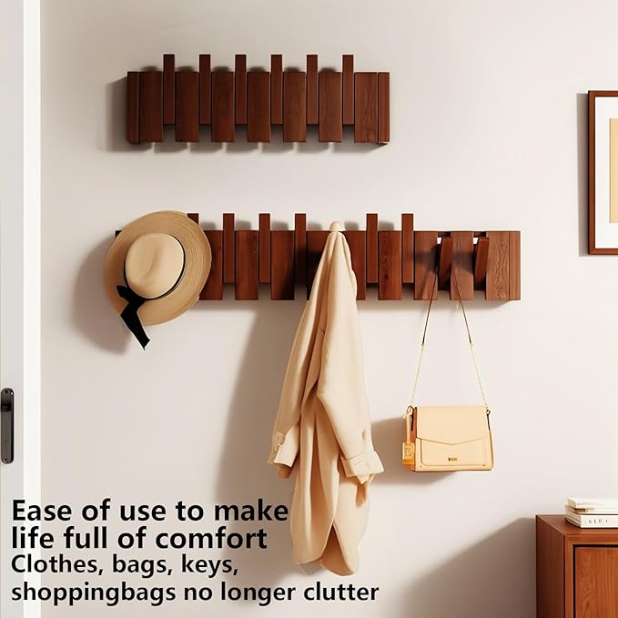Wall Mounted Piano Key Hanger | Flip Style Hook | Entrance Wall Art Hook, Made of Oak Wood (3 Times Painted, 4 Times Polished) (Walnut, 4Hooks)