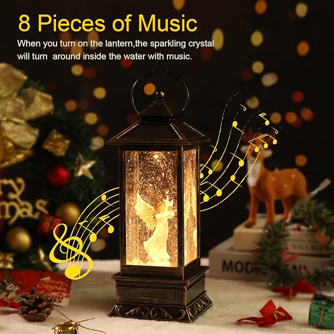 Christmas Decorations Snow Globe Lantern,Christmas Lantern with 8 Christmas Theme Music,Christmas Snow Globe Gifts Water Glittering Swirling Christmas Home Decoration(Dove Angel)