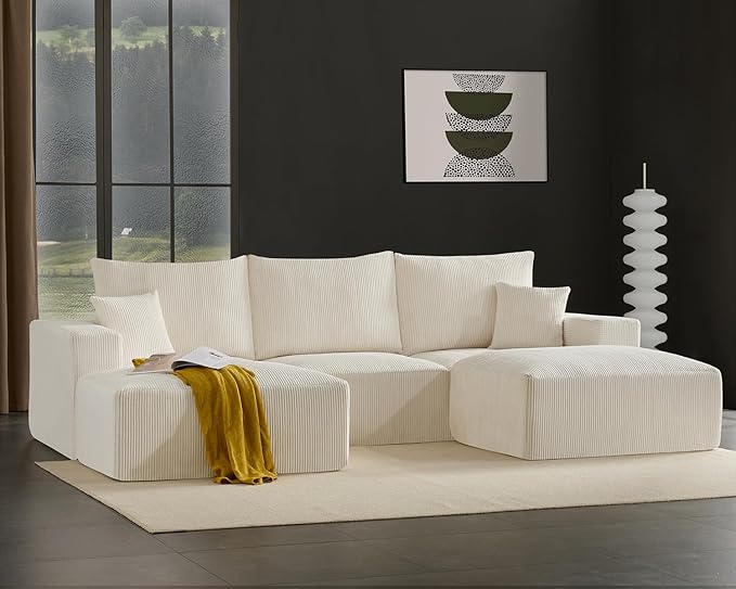 Boneless Sectional Cloud Couch Sofa for Living Room, 112" U-Shaped Modular Modern Lounge Sleeper Beige Couches with Chaise, No Assemble, Cordury Compression Upholstered Sofas