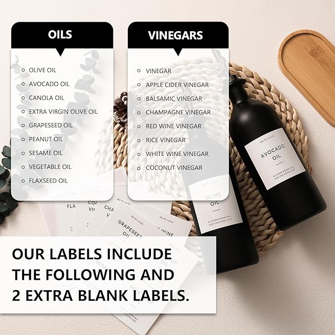 HOMCDALY Olive Oil Dispenser for Kitchen, 16oz Glass Oil Bottles with Bamboo Tray, Black Oil&Vinegar Cruet Set, Kitchen Dispenser Bottles with Pourer | Set of 2 (16oz – Black)