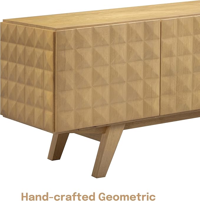 NTC Sapa Mid-Century Modern Solid Wood TV Stand 4-Door Media Console with Carved Geometric Fronts for TVs up to 75", Effortless Assembly, Sand