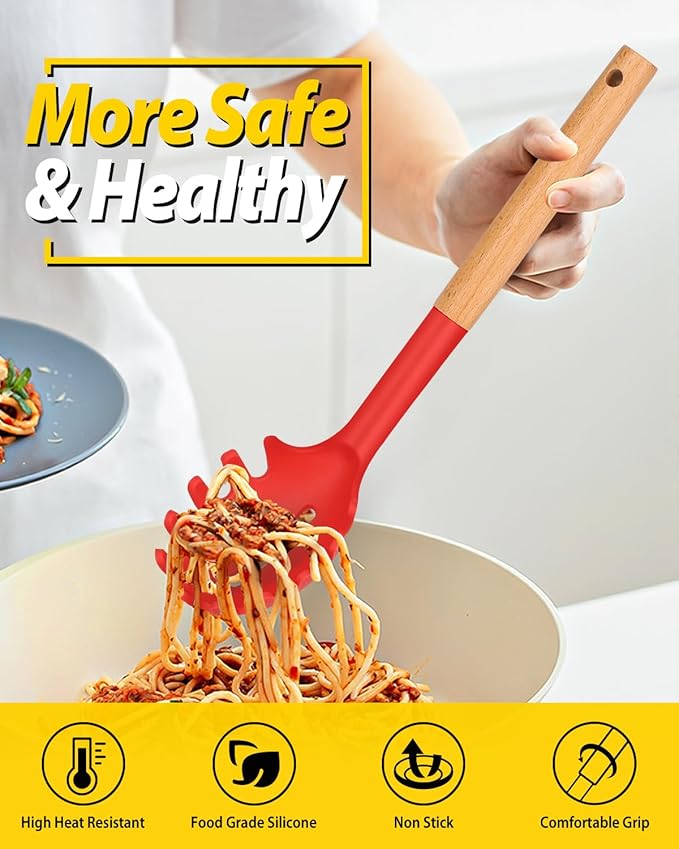 Silicone Pasta Fork and Ladle Spoon Set with Wooden Handle, Heat Resistant Non Stick Kitchen Utensils for Cooking, Stirring, Serving Spaghetti, Soup, Sauce(RED)