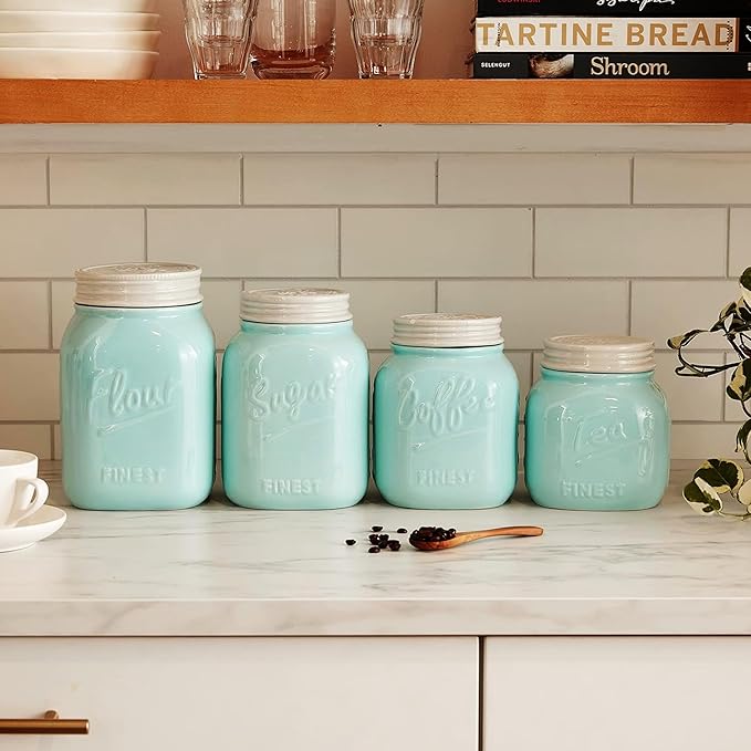 Young's 4 Piece Ceramic Canisters Sets for Kitchen, Country Style Ceramic Containers for Flour, Sugar, Tea and Coffee, Storage Containers with Lids 10.75"