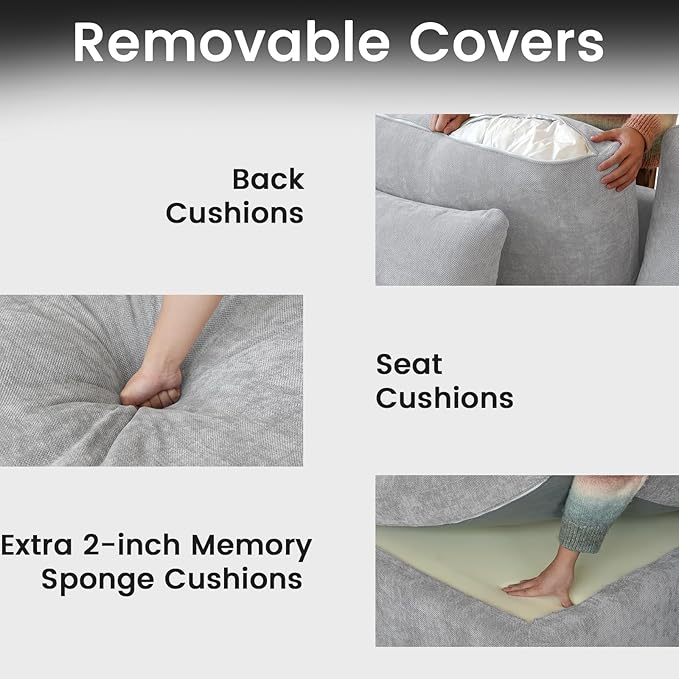 JACH Sectional Couches for Living Room, 4 Seater Cloud Sectional Couch with Deep Seat, Down Filled Modular Sofa, Covers Removeable & Washable, Sofas Furniture for Living Room, Light Grey