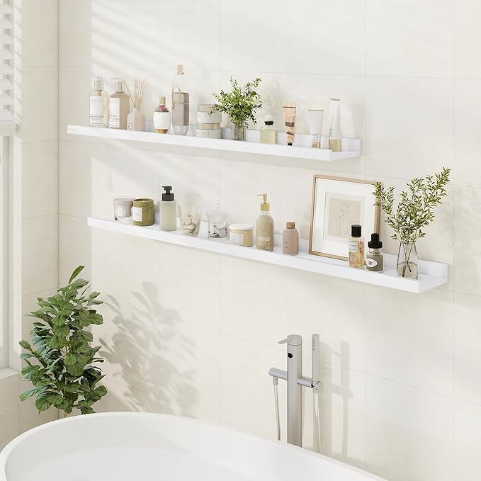 Floating Picture Ledge Shelves 48 Inch Solid Oak Wood Set of 2, Rustic Wall Storage Shelves with Lip, Kids Bookshelf, Photo & Picture Ledge Shelves for Bedroom, Living Room, Kitchen