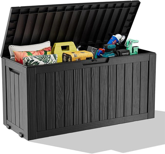 75 Gallon Resin Deck Box, Lockable Outdoor Storage Box for Patio Cushions Storage Furniture,Garden Tools, Pool Supplies, Weatherproof and UV Resistant(Black)