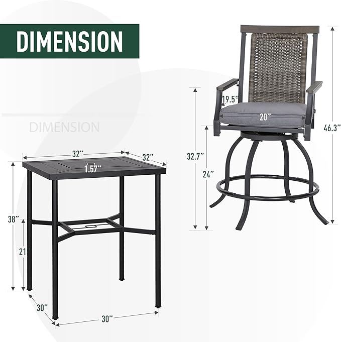 PHI VILLA 5 PCS Outdoor Bar Set,Counter Height Swivel Bar Chairs with Cushion and Metal Bar Table,Patio High Dining Set for Porch