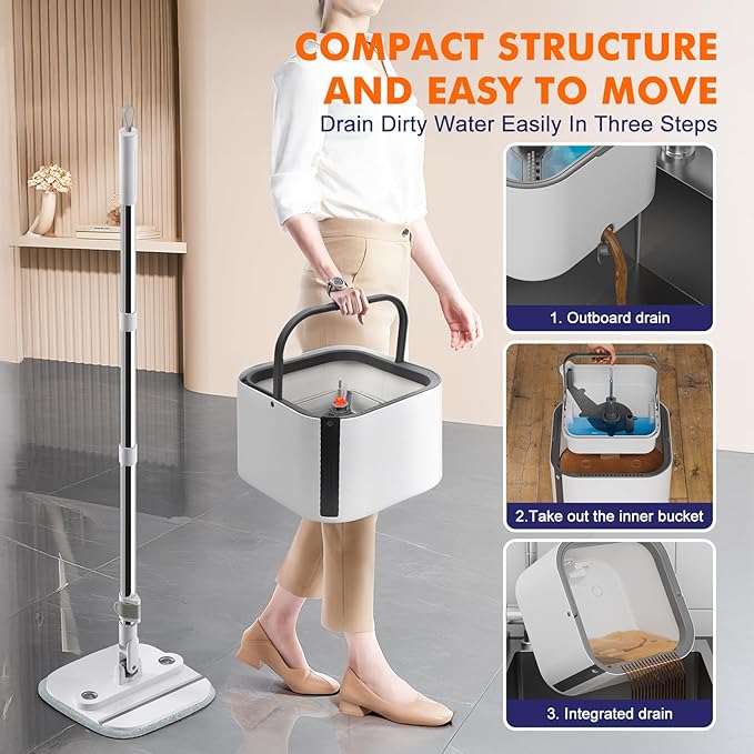 KZKR Spin Mop and Bucket Set with Self Separation Dirty and Clean Water System, Self Wringing 360° Rotating Square Mop Head for Home Floors Cleaning (2.0 Mop and Bucket Set (2 Pads))
