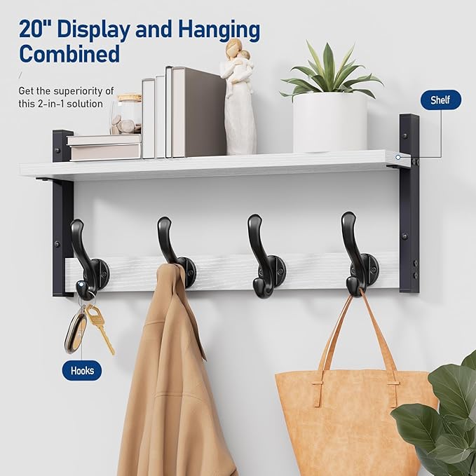 Tatub 20" Rustic Coat Rack Wall Mount with Shelf, Wall Hooks with Shelf, Heavy Duty Entryway Organizer Hangers for Hanging, Hat, Bag, Jacket for Bathroom, Living Room, Bedroom, White