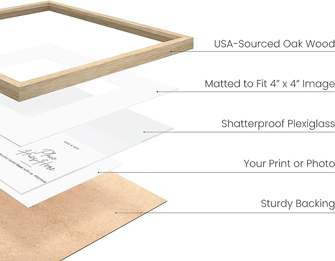 HAUS AND HUES Solid Oak 8"x8" Picture Frame Matted to 4"x4" - 8x8 Square Frame With or Without Mat, 8x8 Wood Frame, Square Photo Frame, 8 x 8 Wood Picture Frame (Beige Oak)