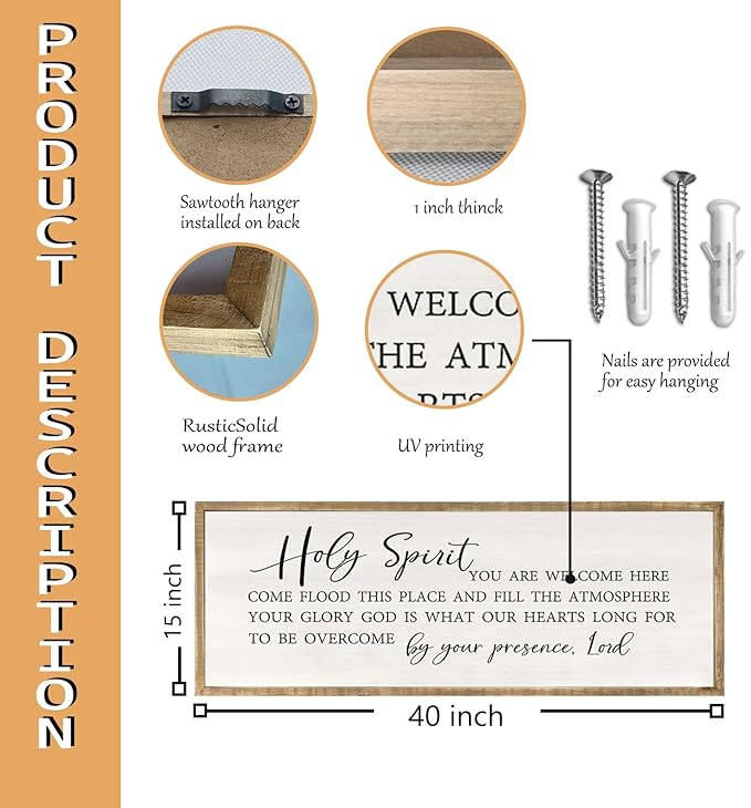 Holy Spirit You are Welcome Here Wall Decor Art 40x15 Inch Large Christian Song Bible Verse Plaque Wood Framed Sign Living Room Scripture Quote Religious For Office Wall Hanging (Wood)