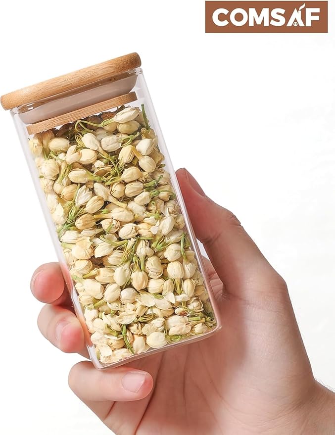 ComSaf 6Pcs 10 oz Large Spice Jars with Label Trial Set, Glass Spice Jars with Bamboo Lids Supplementary Set, Seasoning Container Trial Pack, Perfect for Ktichen Starter