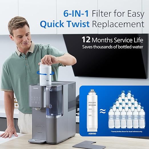 Reverse Osmosis Water Filter Countertop, Philips 40ยฐF Cold Water Countertop RO System 6 Stage Filtration with UV Light, Instant Boiling Water 6 Temperature Settings NSF/ANSI 372 Certified, TDS Monitor