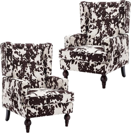 DUOMAY Tufted Accent Chair Set of 2, Modern Upholstered Wingback Side Arm Chair for Living Room Bedroom with Wood Legs, Comfy Reading Guest Chair for Office, Milk Cow/Brown