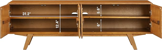 NTC Sapa Mid-Century Modern Solid Wood TV Stand 4-Door Media Console with Carved Geometric Fronts for TVs up to 75", Effortless Assembly, Teak Look