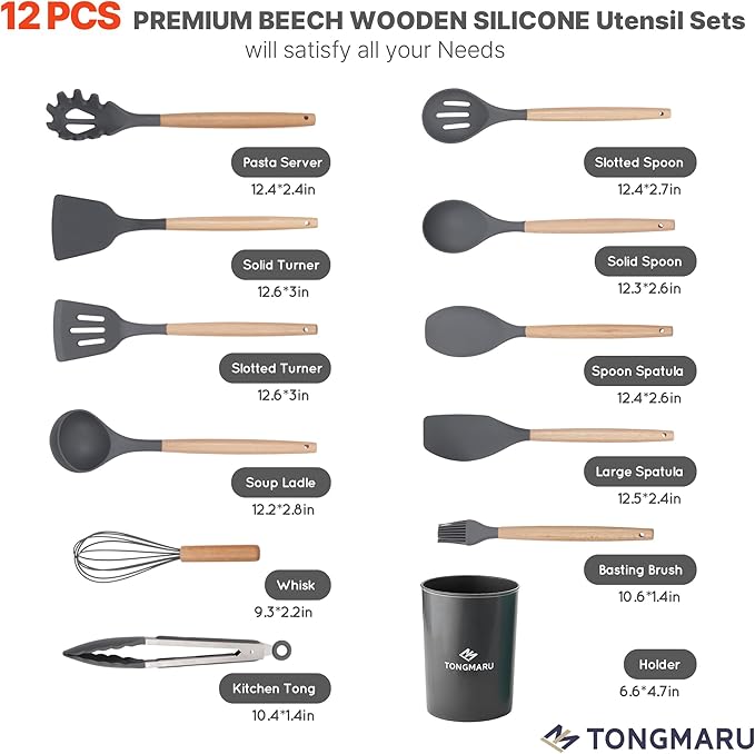 Silicone Cooking Utensils Set, Premium Beech Wood Handle Kitchen Gadgets Utensil Set, Non-Stick Kitchen Utensils Spatula, Tongs, Turner, Whisk, Brush, Spoon, BPA FREE, 446°F Resistant (Dark Gray)