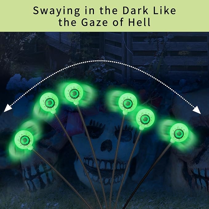 VOTTGO Halloween Solar Lights Outdoor, 2 Pack 12LED Scary Solar Eyeball Pathway Lights, 2 Modes Waterproof Swaying Firefly Light for Garden Yard Pathway Halloween Decorations, Green