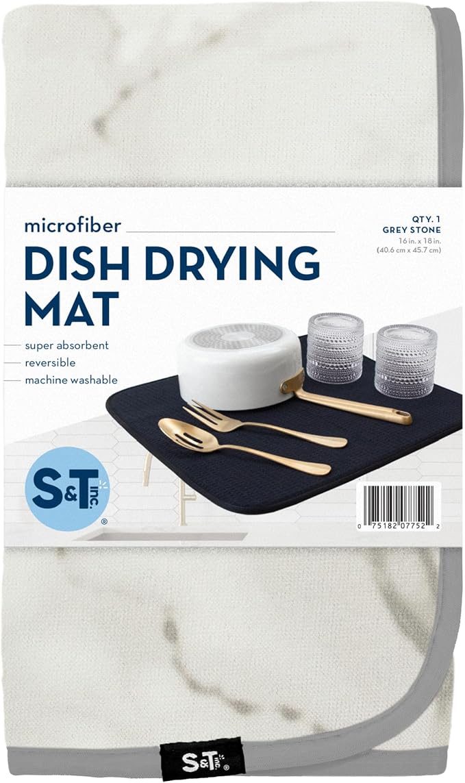 S&T INC. Dish Drying Mat, 16” x 18”, Absorbent Microfiber Kitchen Counter Mat, Dish Drying Pad for Dishes, Utensils, Pots and Pans, Large, Grey Stone