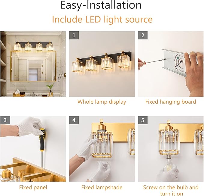 Modern Bathroom Vanity Light 4-Lights Black Gold Crystal Bathroom Wall Light Vanity Light Fixtures,28.34-inch Modern Minimalist Design